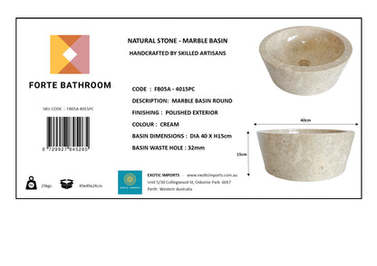 Forma Lucid - Marble Vanity Basin - Polished finish - H15cm - Cream or grey - Dia 40cm - Natural Stone