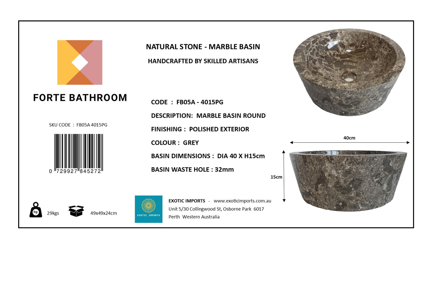 Forma Lucid - Marble Vanity Basin - Polished finish - H15cm - Cream or grey - Dia 40cm - Natural Stone