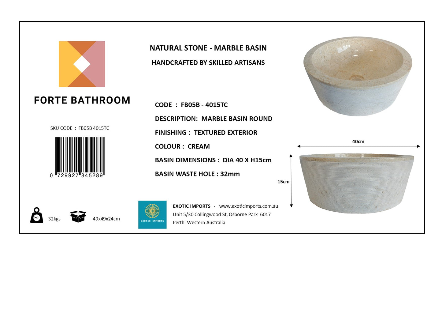 Forma Linea - Marble Vanity Basin - Textured finish - H15cm - Cream or grey - Dia 40cm - Natural Stone
