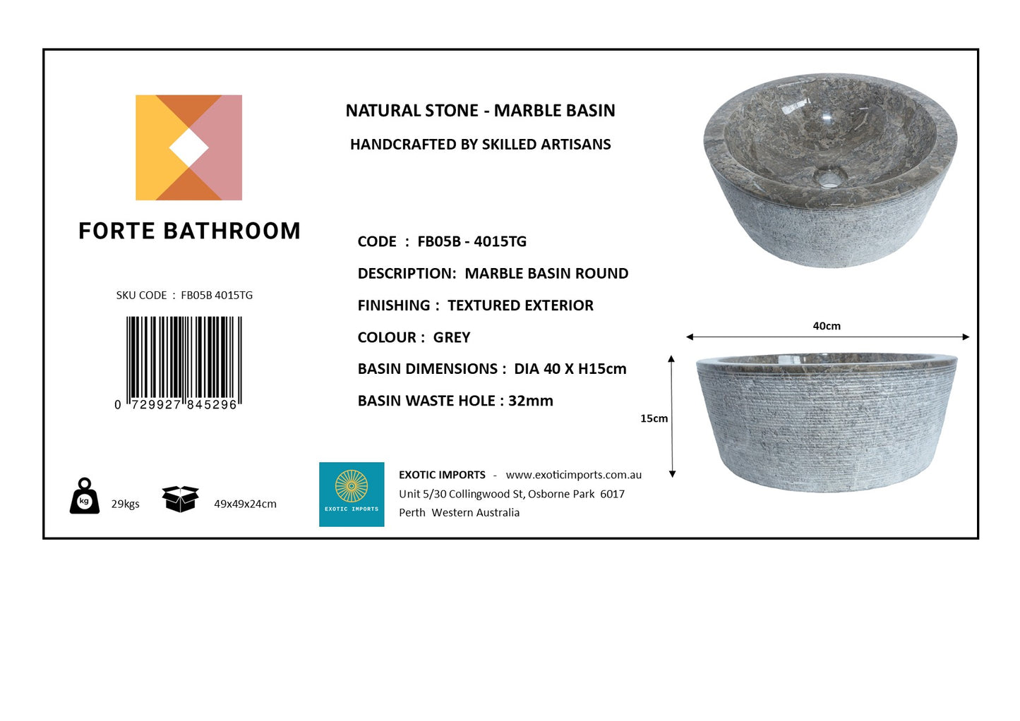 Forma Linea - Marble Vanity Basin - Textured finish - H15cm - Cream or grey - Dia 40cm - Natural Stone