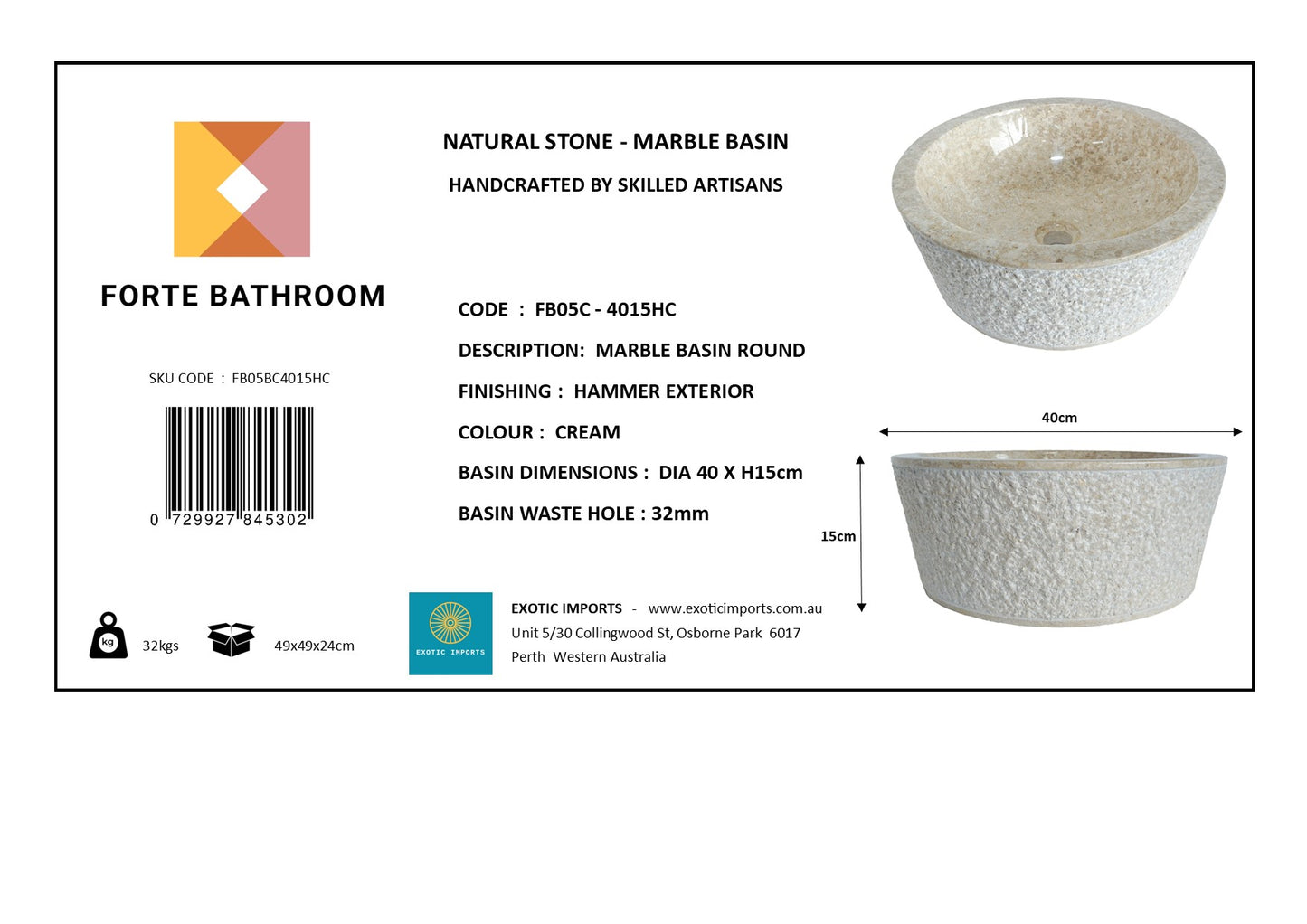 Forma Stria - Marble Vanity Basin - Textured finish - H15cm - Cream or grey - Dia 40cm - Natural Stone