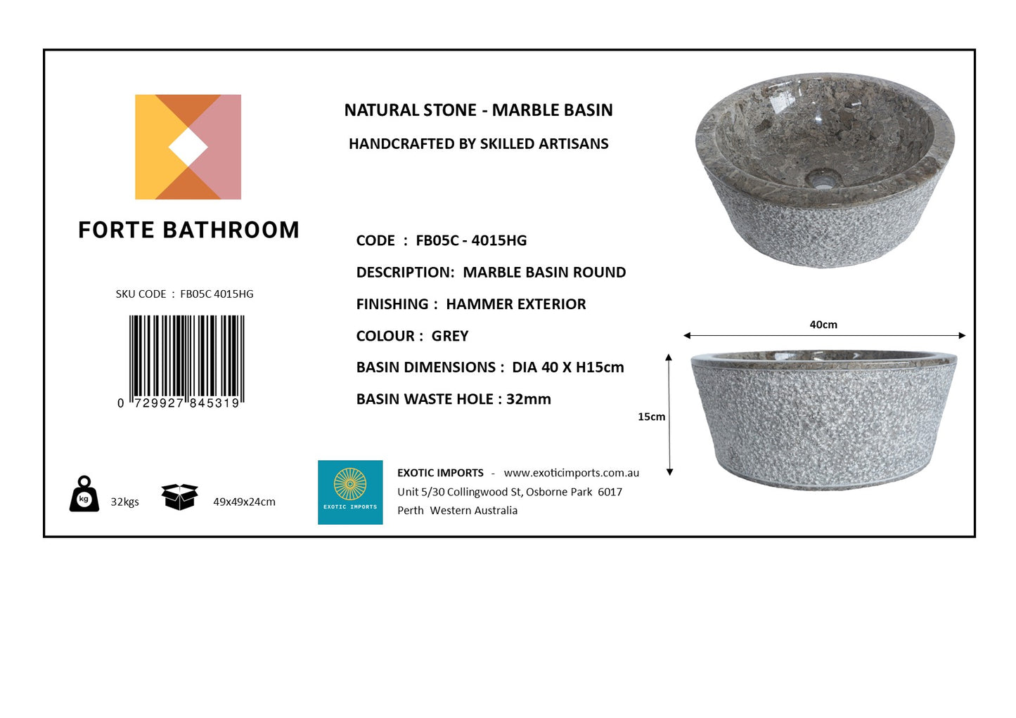 Forma Stria - Marble Vanity Basin - Textured finish - H15cm - Cream or grey - Dia 40cm - Natural Stone