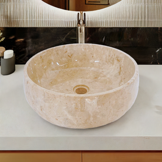 Round Marble Vanity Basin – Polished Finish 02 –  Height 15cm - Cream or Grey – Dia 40/45cm - Natural Stone