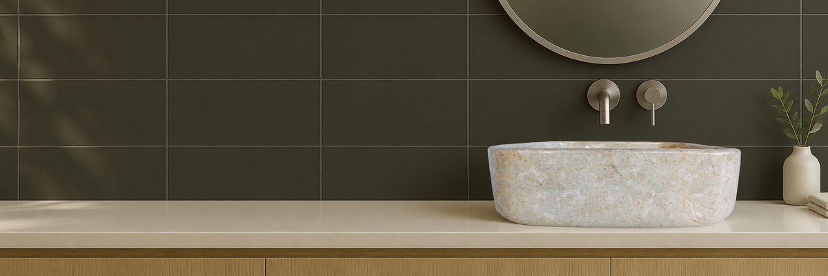 Cream marble vanity basin in a styled bathroom with dark tiles, brushed metal tapware and an oak vanity.