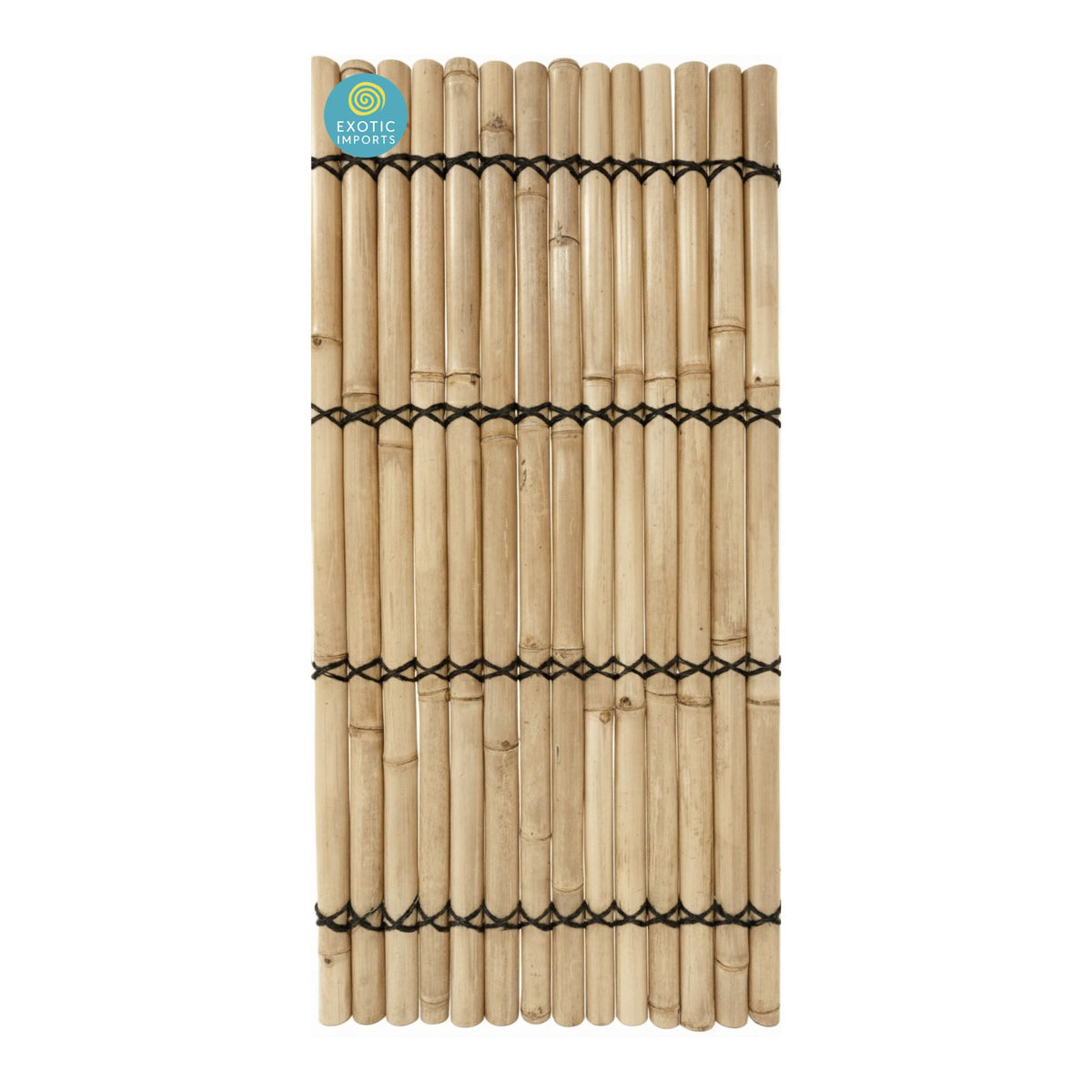 Natural bamboo fence panel, 2000mm high x 1000mm wide, with black binding and Exotic Imports logo on a white background.