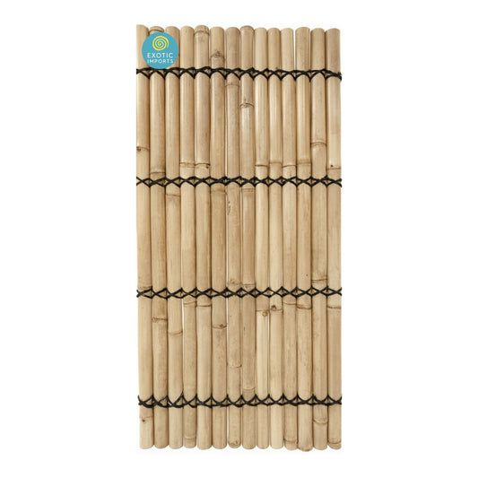 Natural bamboo fence panel, 2000mm high x 1000mm wide, with black binding and Exotic Imports logo on a white background.